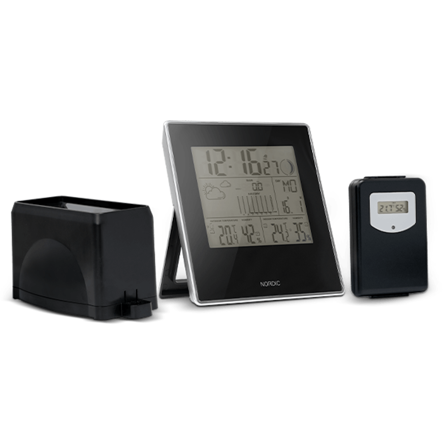 Väderstation Väderstationen består av själva stationen med display, en regnmätare (tv) och en temperatursensor (th).